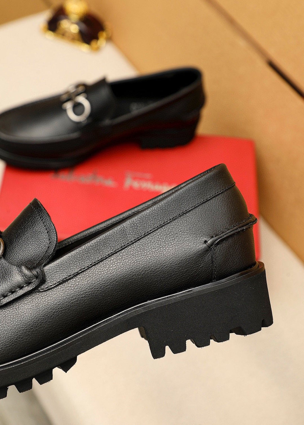 Ferragamo Black Hardware Loafers — detail