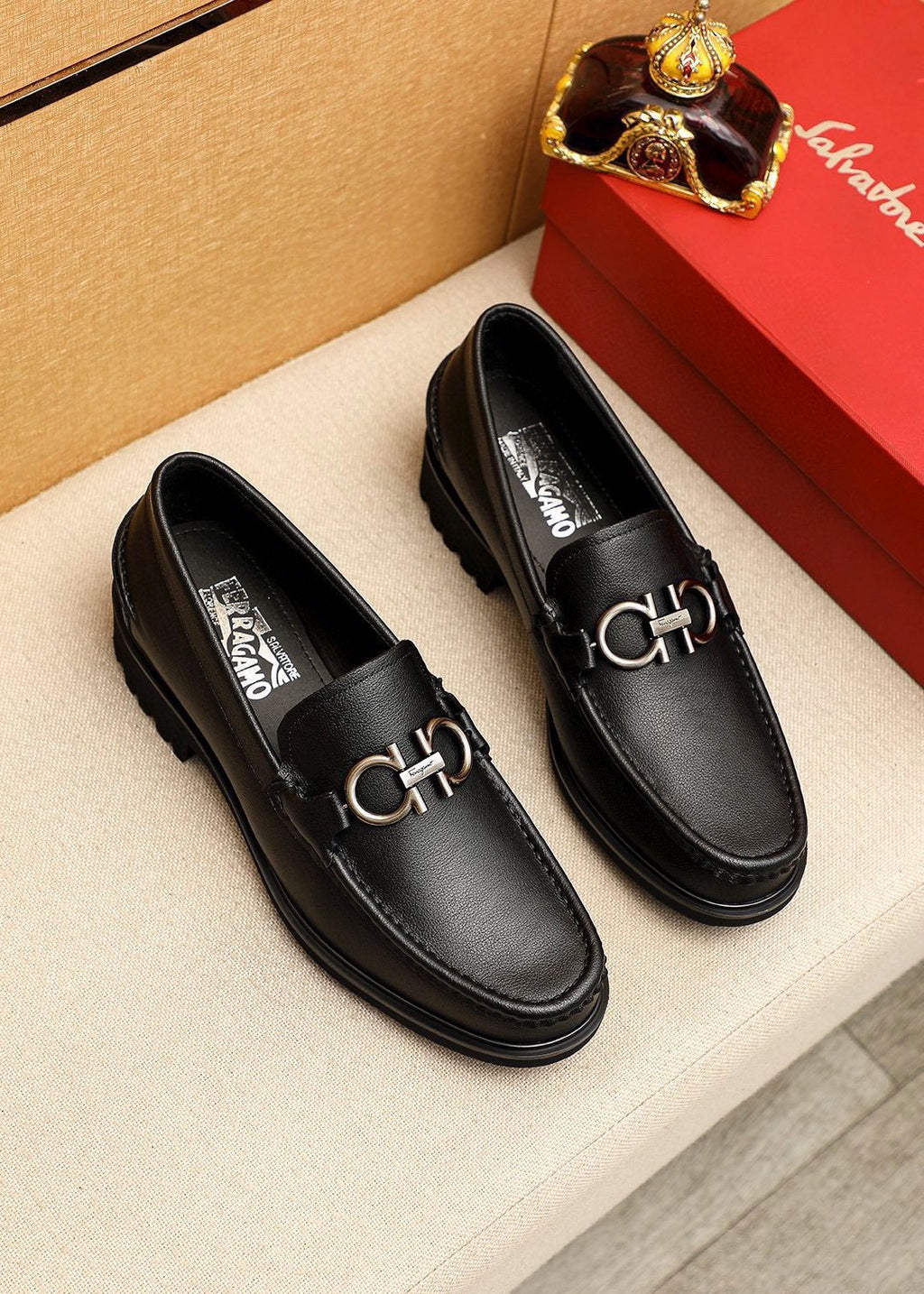 Ferragamo Black Hardware Loafers — hero