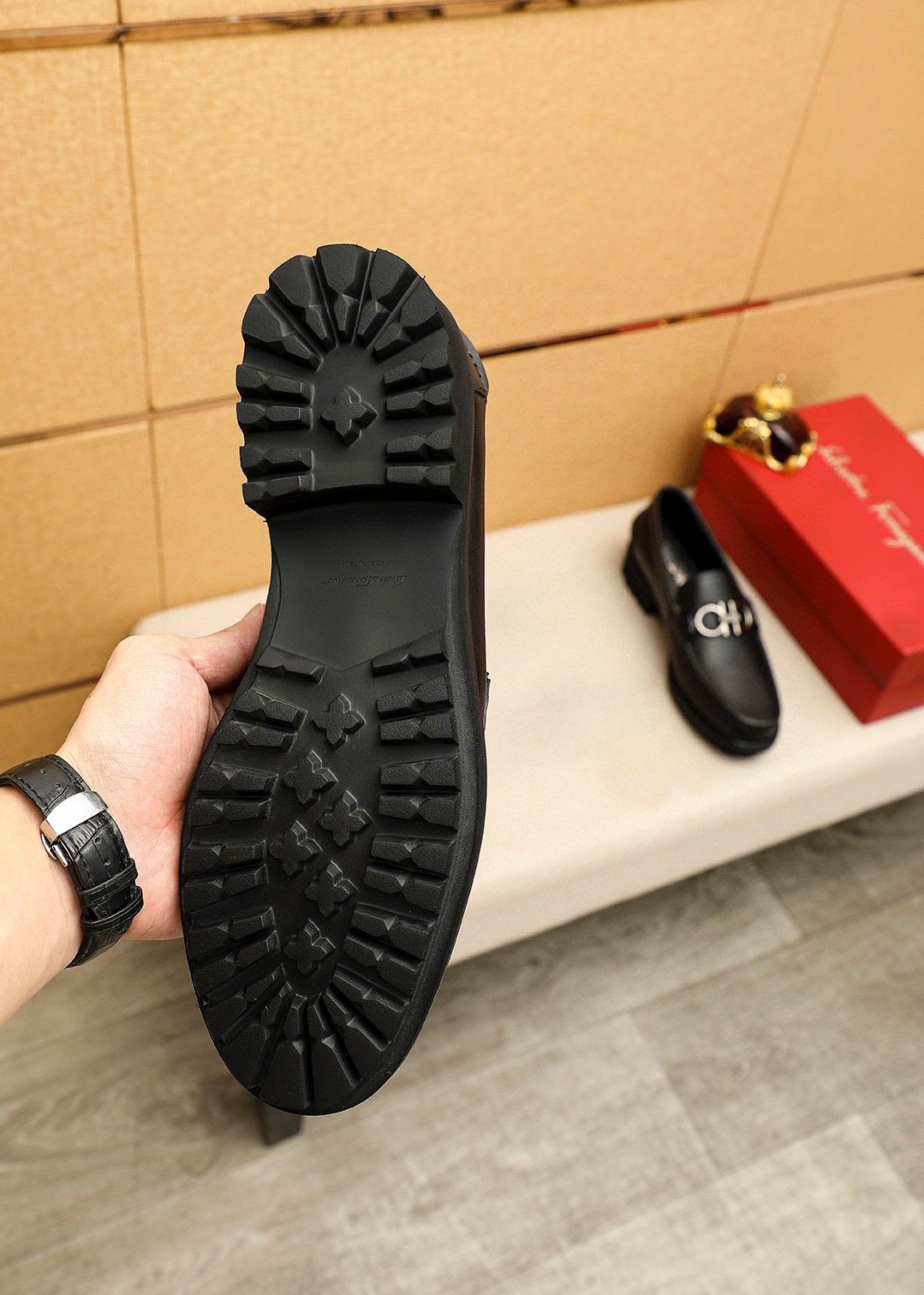 Ferragamo Black Hardware Loafers — detail