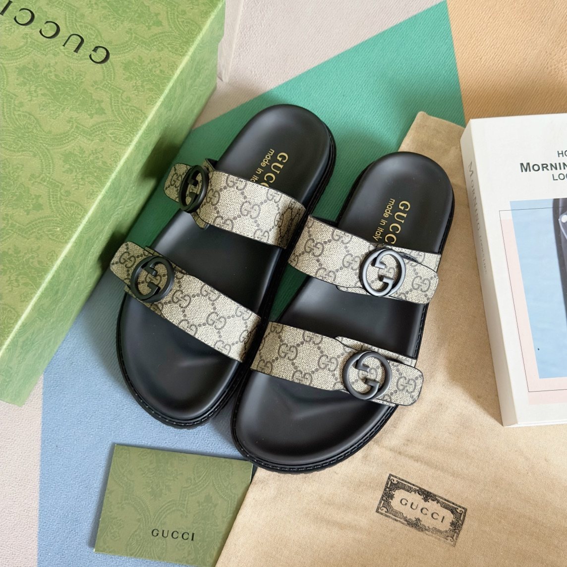 Gucci Monogram Double-Strap Slide Sandals — front