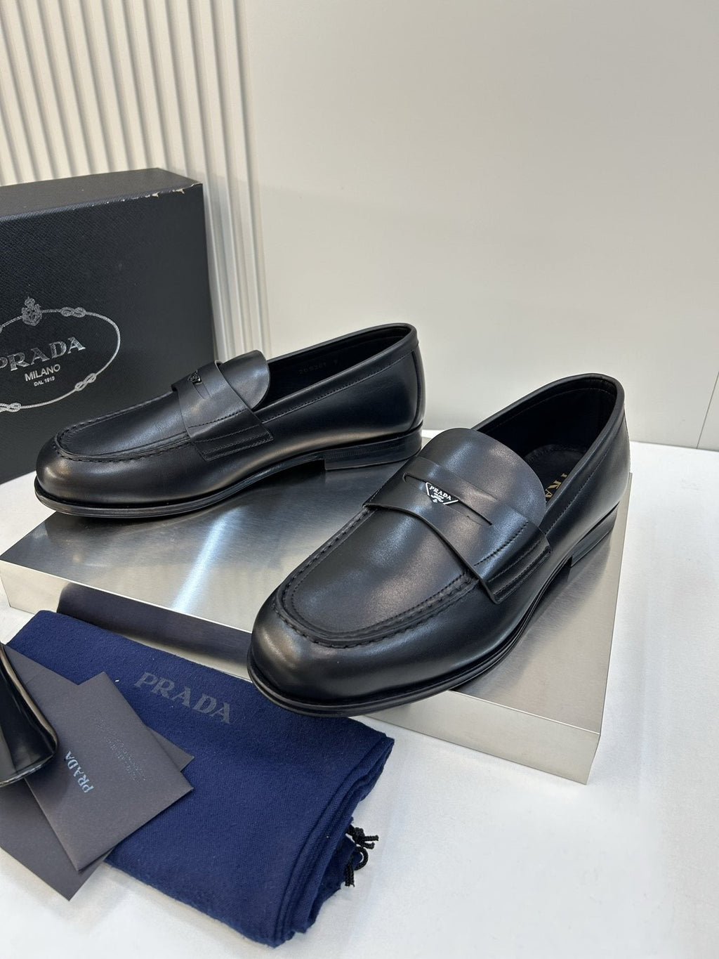 Prada Black Leather Penny Loafers — front