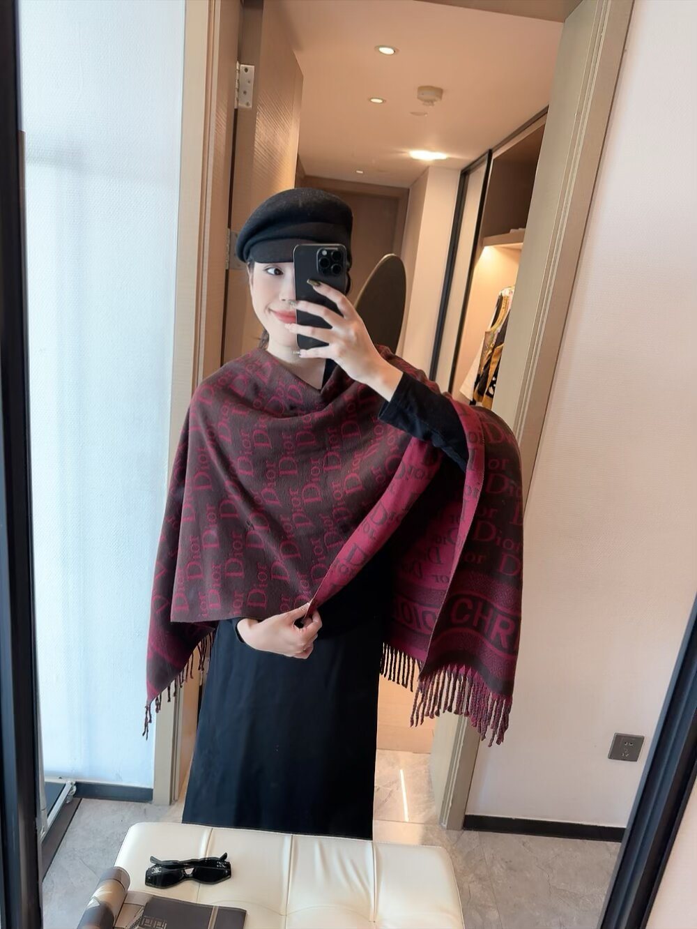 Dior Logo-Pattern Fringed Scarf — model