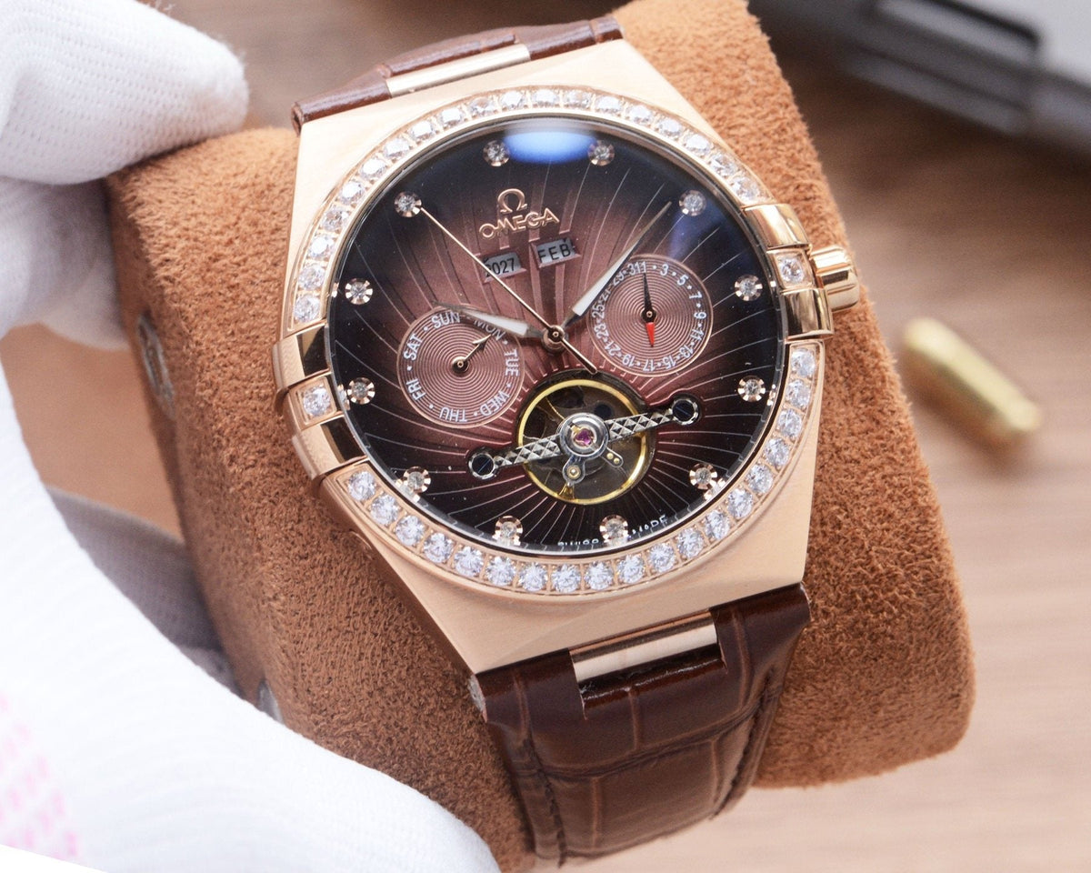 Omega Rose Gold Brown Strap Watch — hero