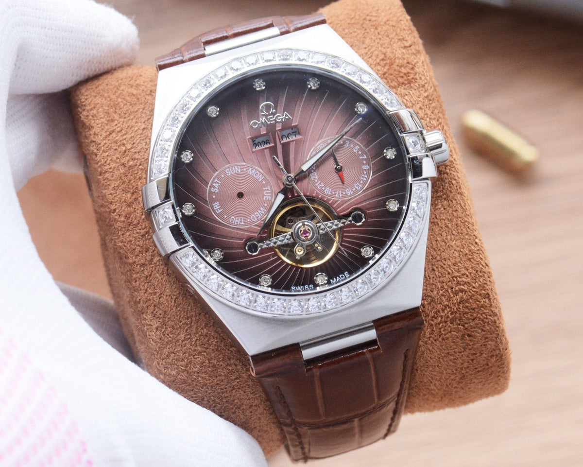 Omega Silver Brown Strap Watch — hero
