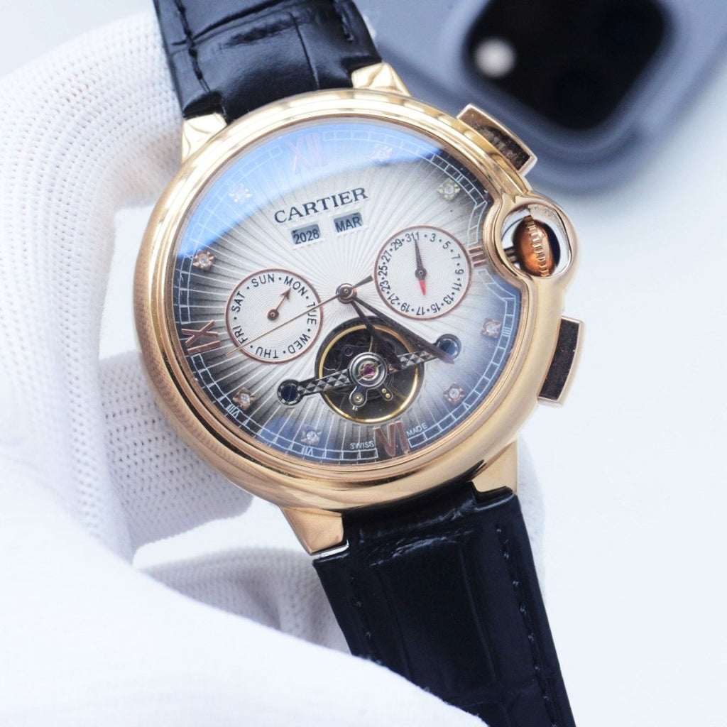 Cartier Black Blue Silver Dial Leather Strap Watch — hero