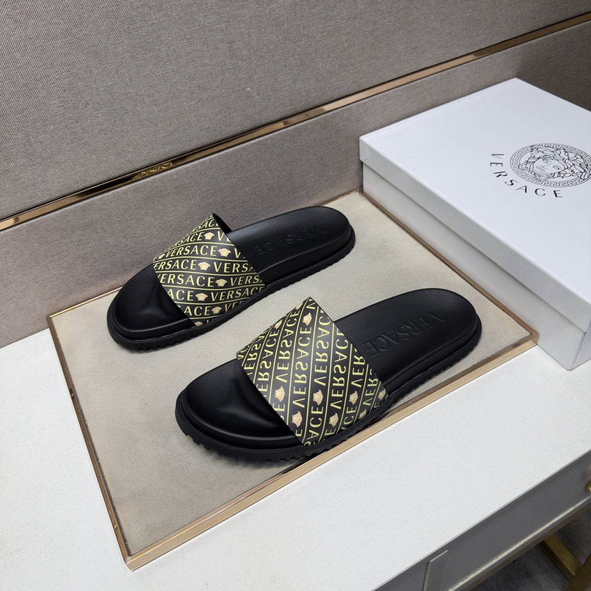 Versace Patterned Strap Slide Sandals — front