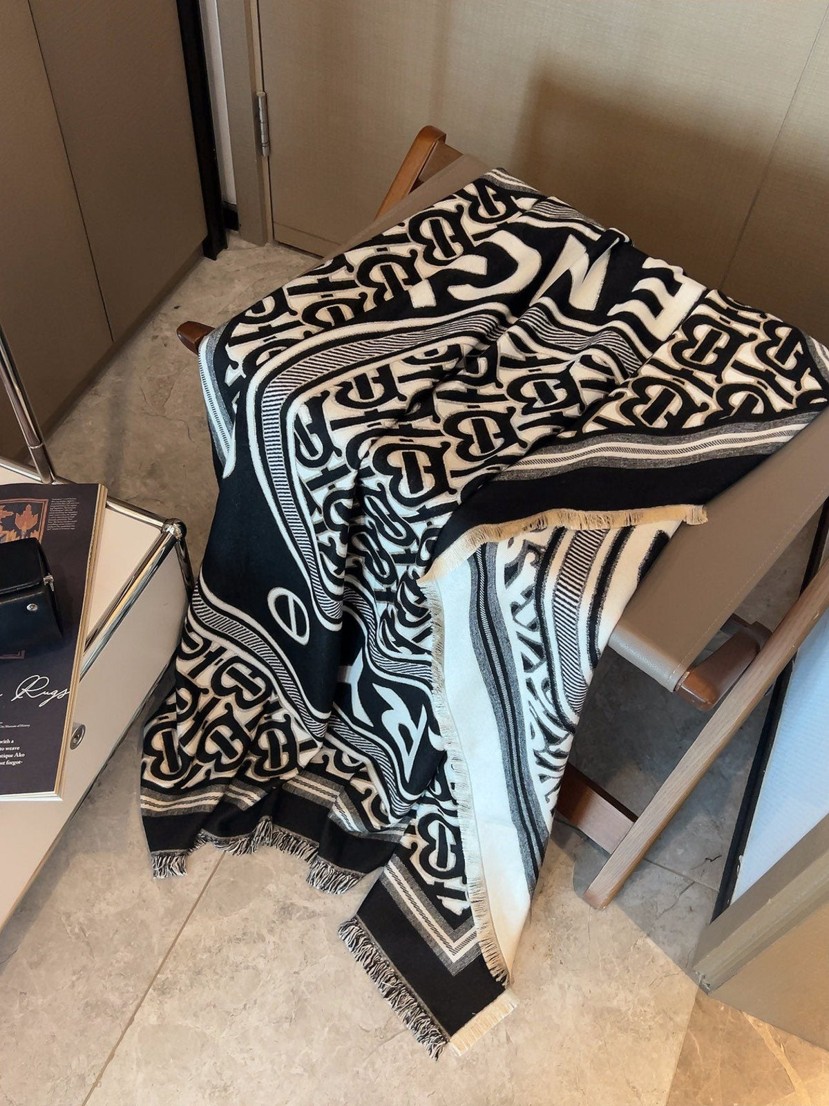 Burberry Black & Ivory Logo Square Scarf — side