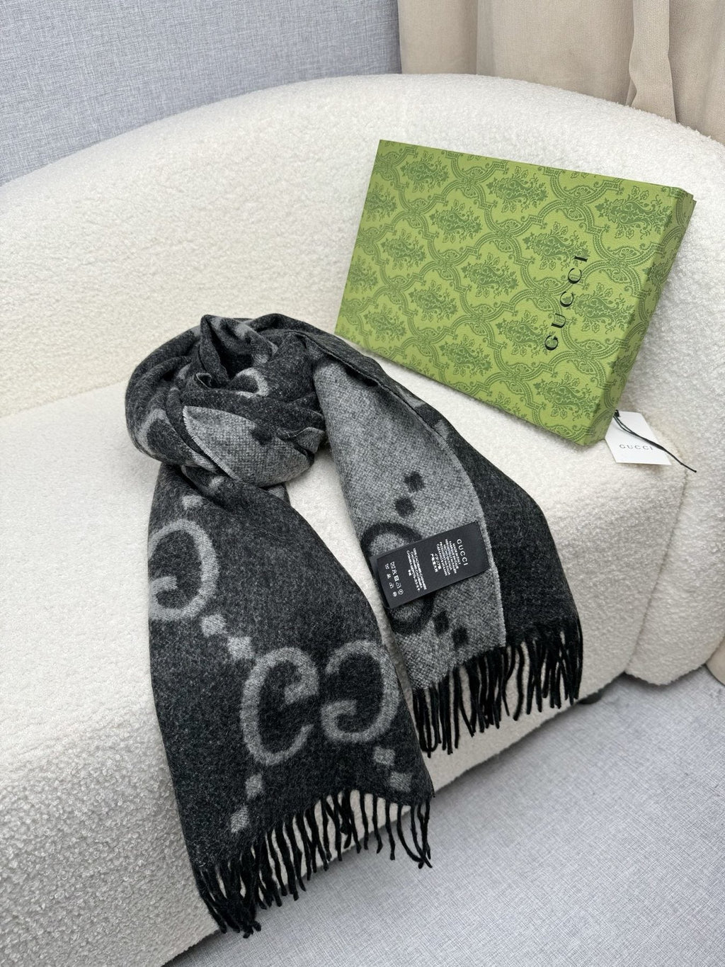 Charcoal Gray and Black Fringed Scarf — side