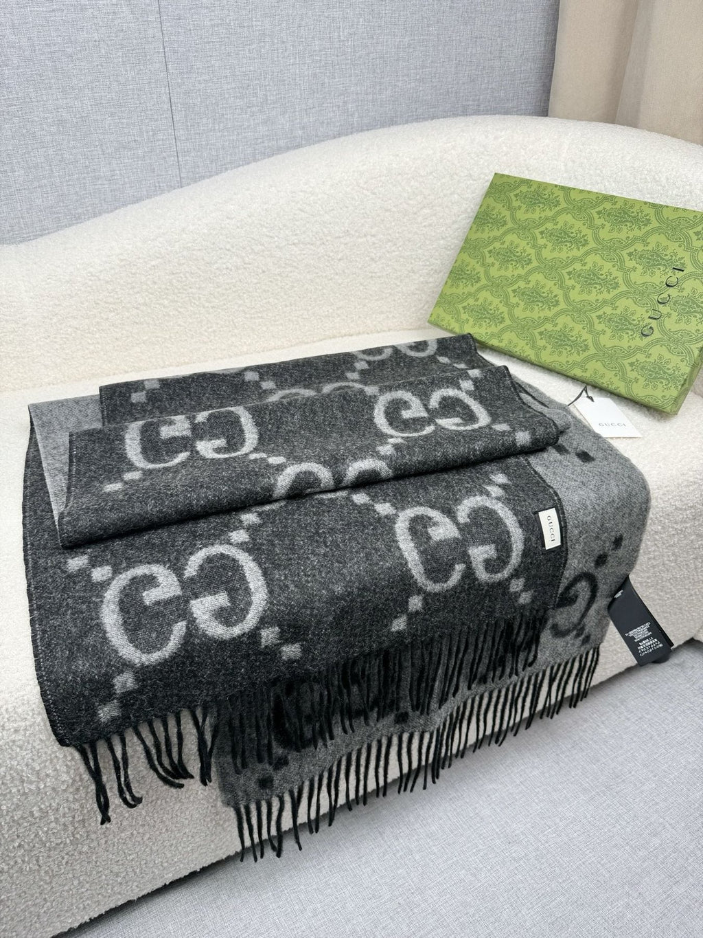 Charcoal Gray and Black Fringed Scarf — side