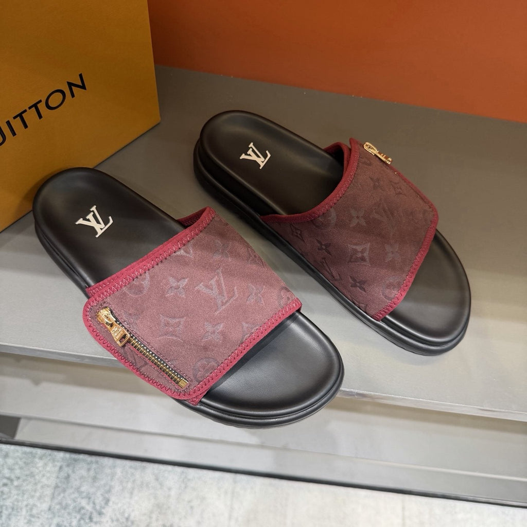 Louis Vuitton Burgundy Patterned Slide Sandals — front