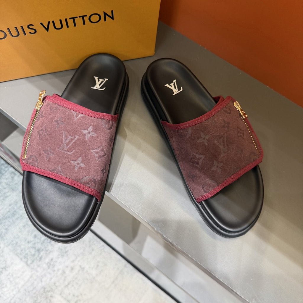 Louis Vuitton Burgundy Patterned Slide Sandals — front