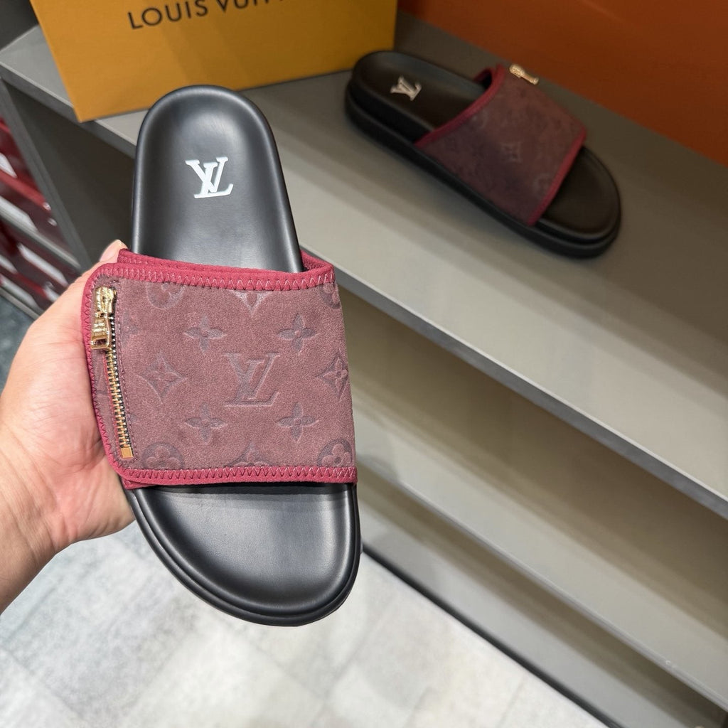 Louis Vuitton Burgundy Patterned Slide Sandals — front