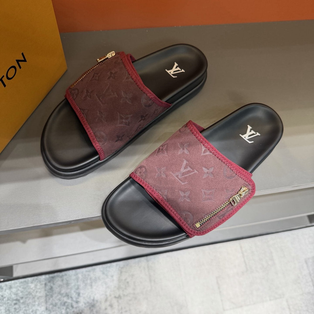 Louis Vuitton Burgundy Patterned Slide Sandals — front