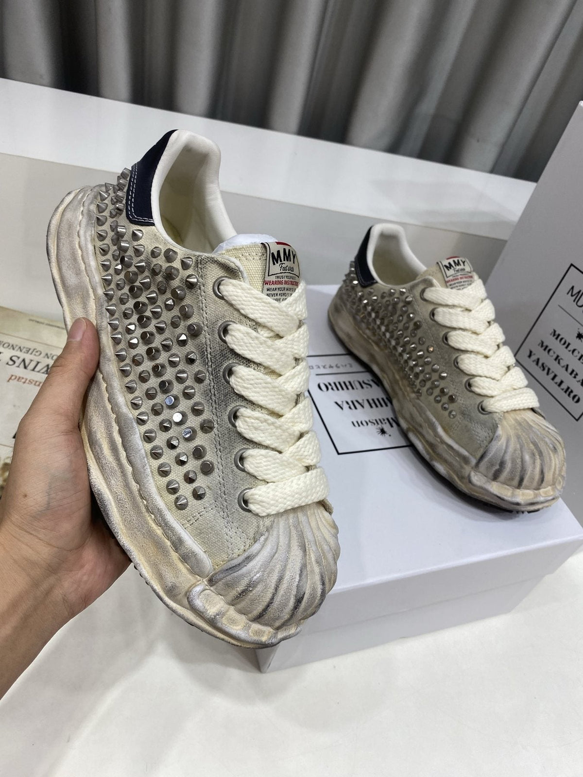 Maison Mihara Yasuhiro Distressed Studded Low-Top Sneakers — side