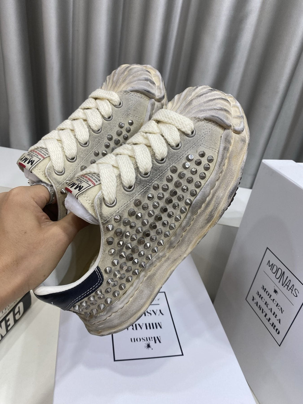 Maison Mihara Yasuhiro Distressed Studded Low-Top Sneakers — side