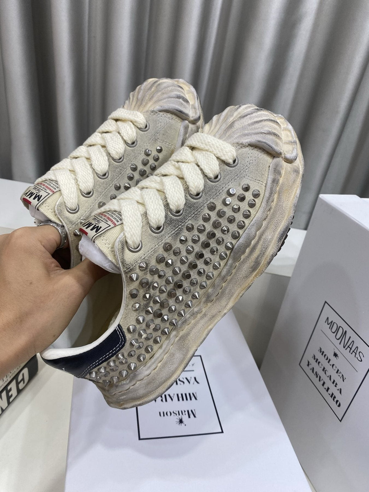 Maison Mihara Yasuhiro Distressed Studded Low-Top Sneakers — side