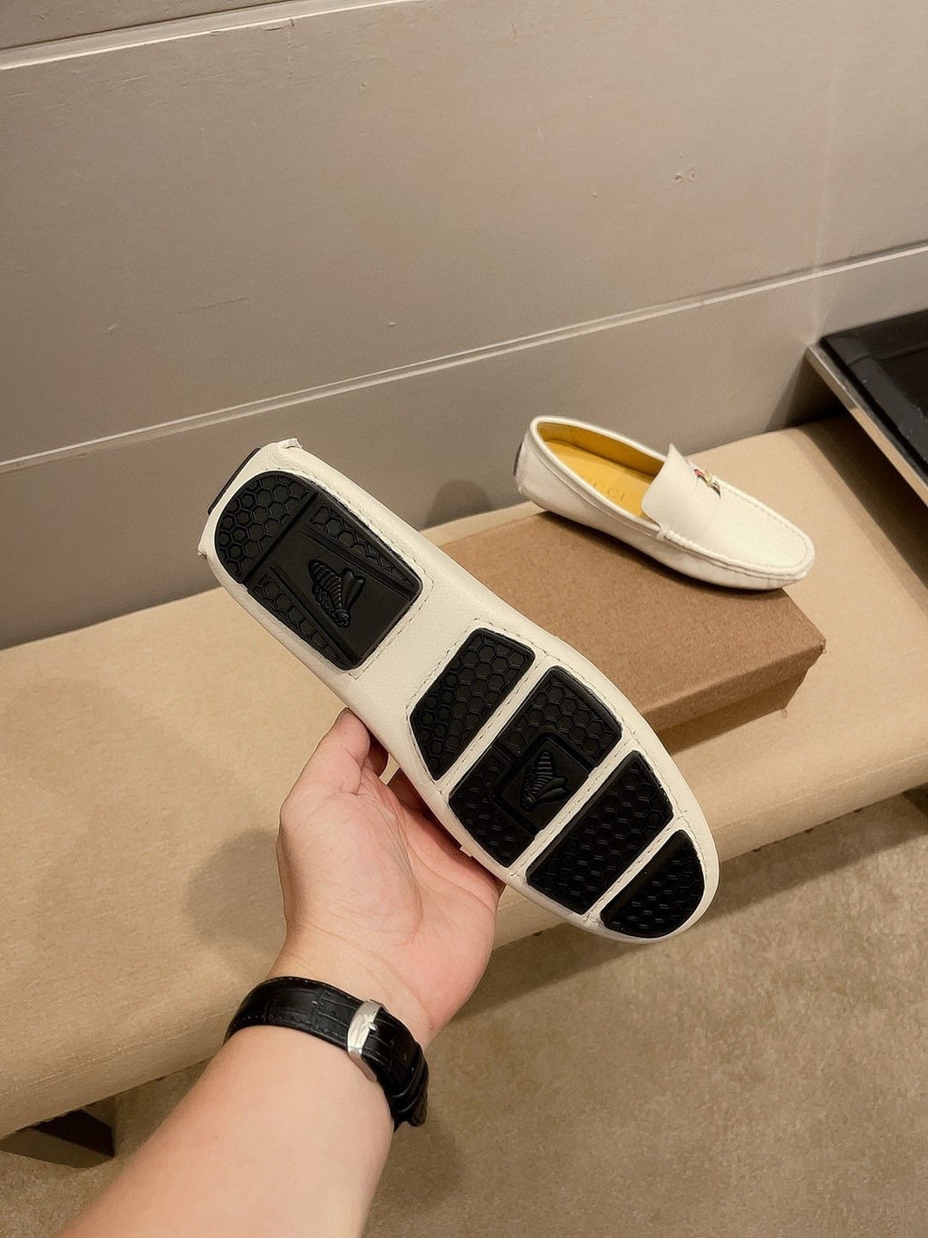 Gucci White Web Accent Loafers — detail