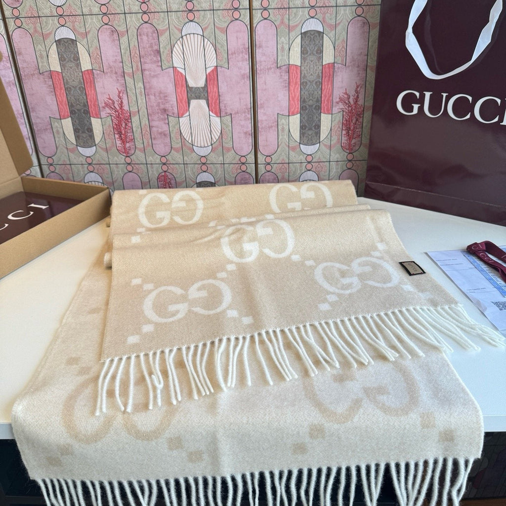 Gucci Beige Cream GG Fringe Scarf — front