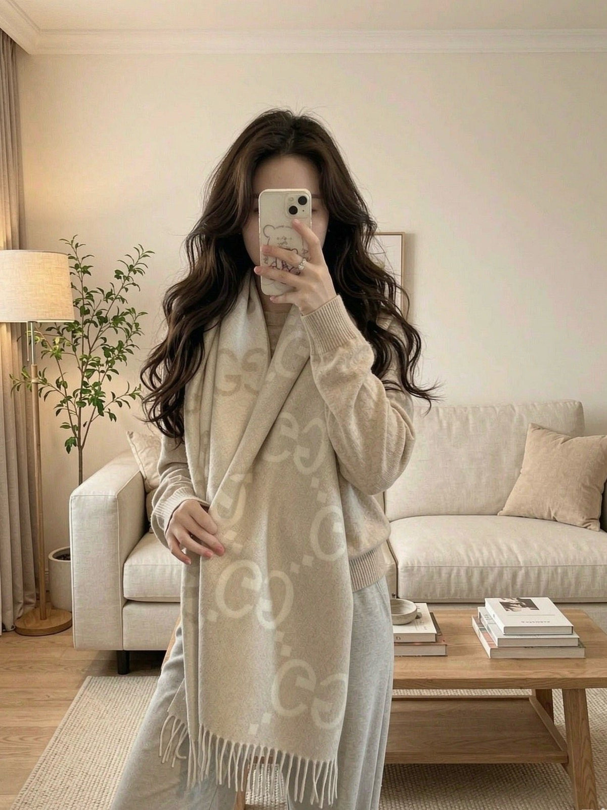 Gucci Beige Cream GG Fringe Scarf — model