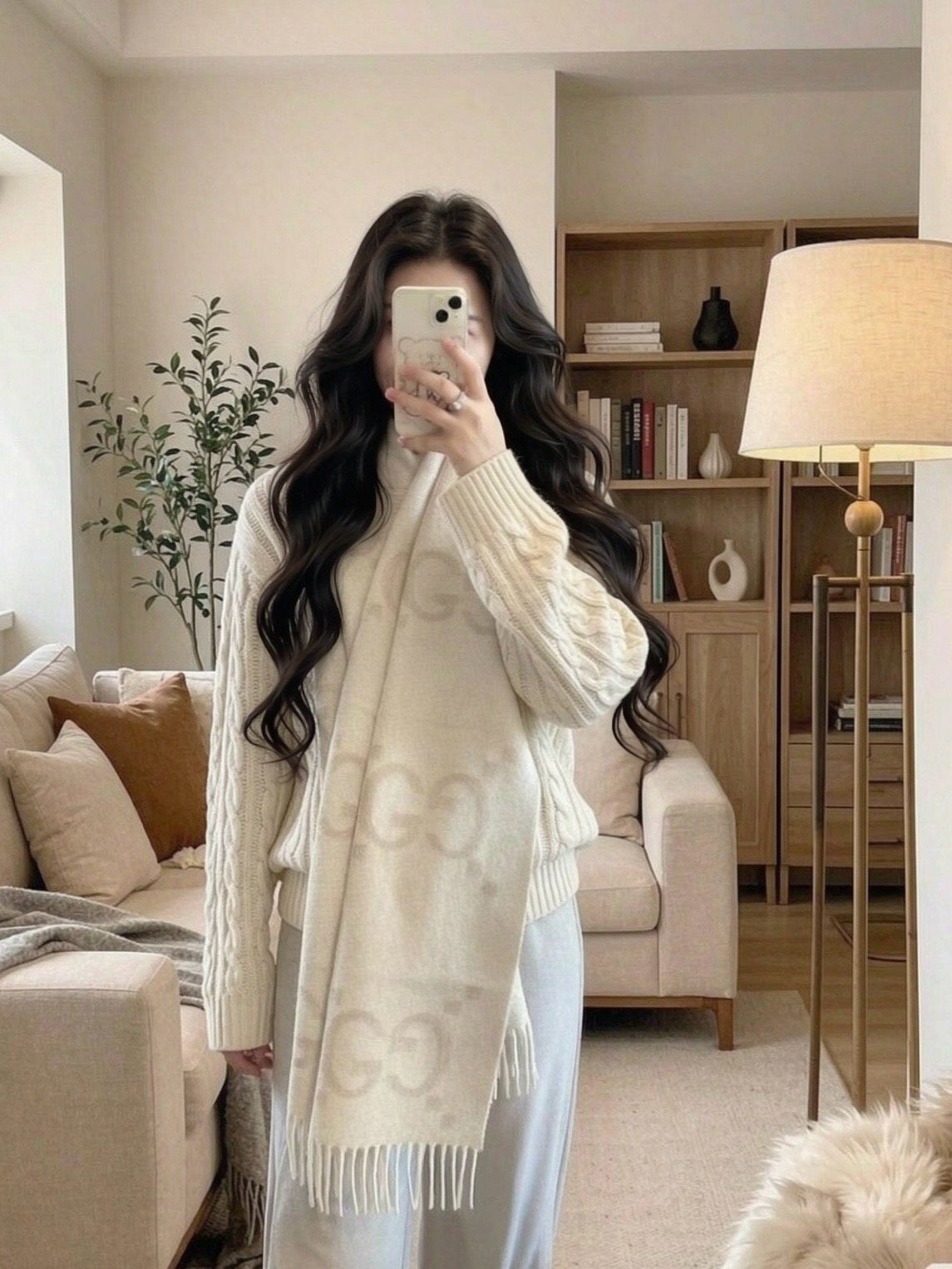Gucci Beige Cream GG Fringe Scarf — model