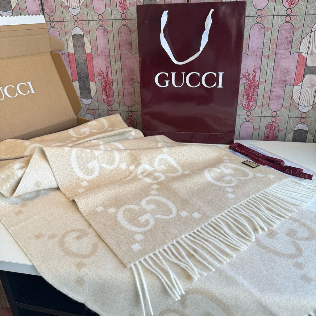 Gucci Beige Cream GG Fringe Scarf — side