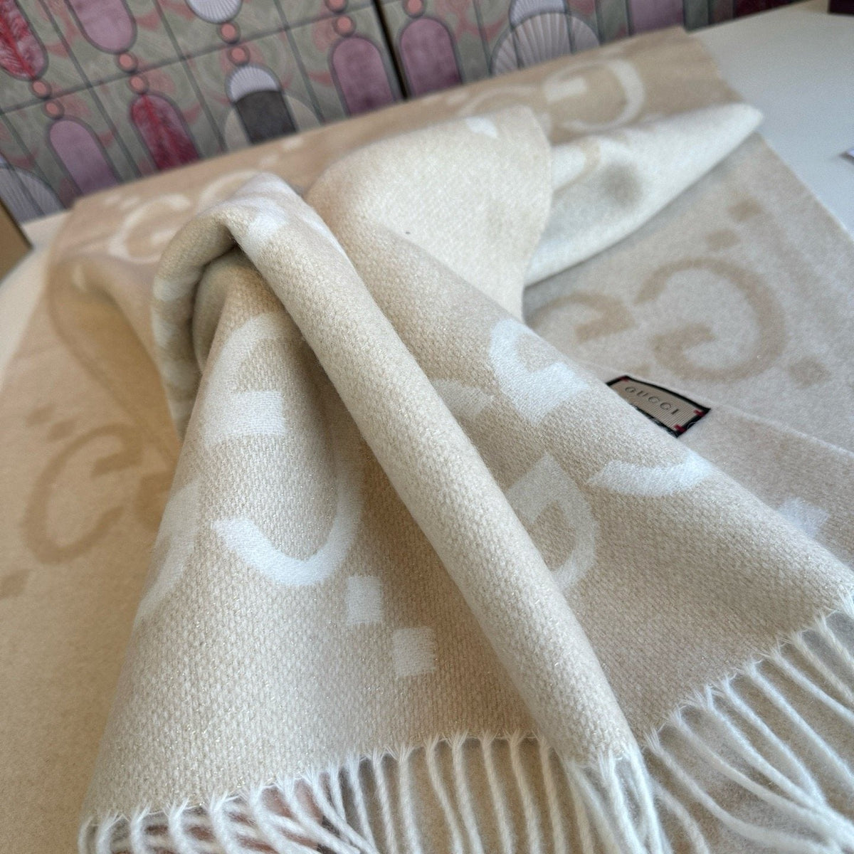 Gucci Beige Cream GG Fringe Scarf — front