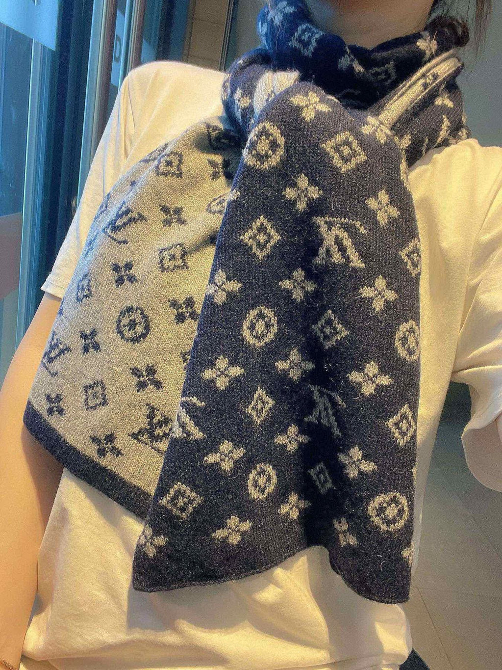 Louis Vuitton Navy and Gray Monogram Knit Scarf — model