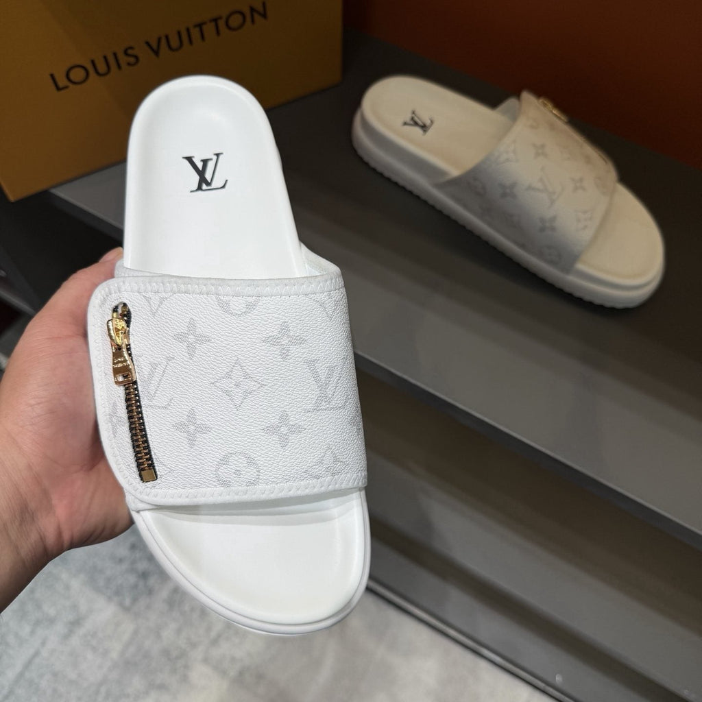 Louis Vuitton White Monogram Zip Slide Sandals — front