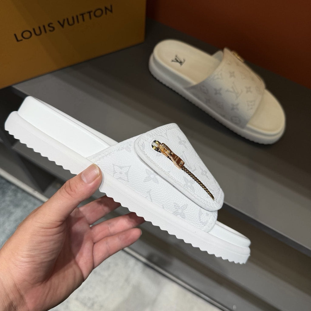 Louis Vuitton White Monogram Zip Slide Sandals — side