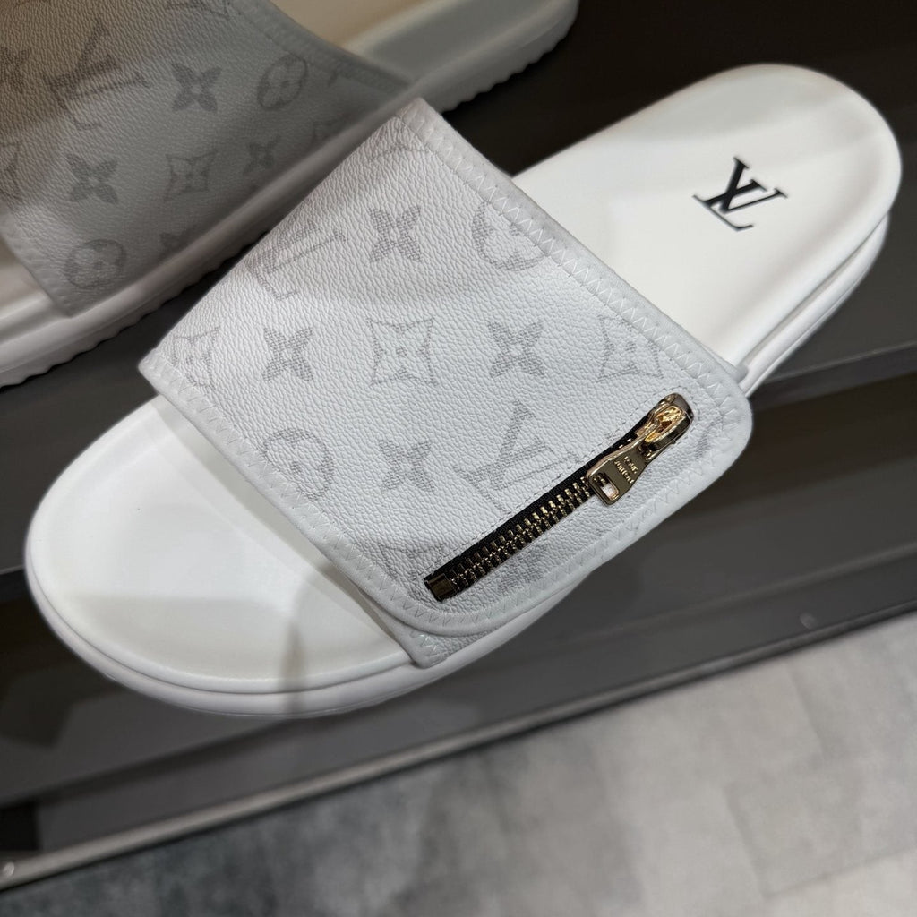 Louis Vuitton White Monogram Zip Slide Sandals — front
