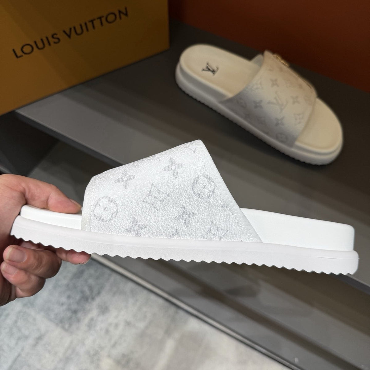 Louis Vuitton White Monogram Zip Slide Sandals — side