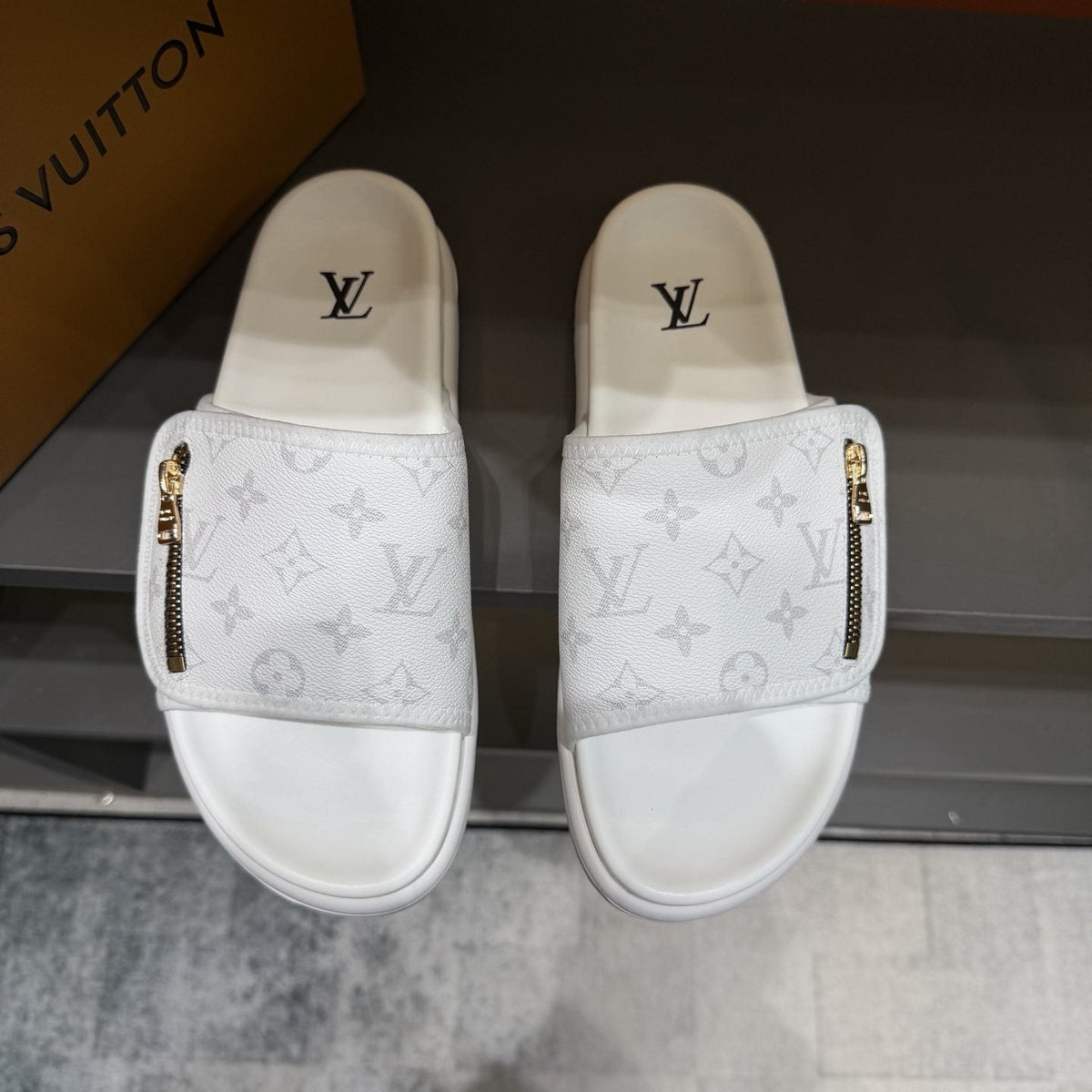 Louis Vuitton White Monogram Zip Slide Sandals — front