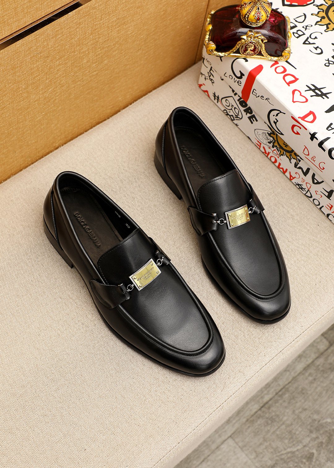 Black Gold-Tone Buckle Loafers — front