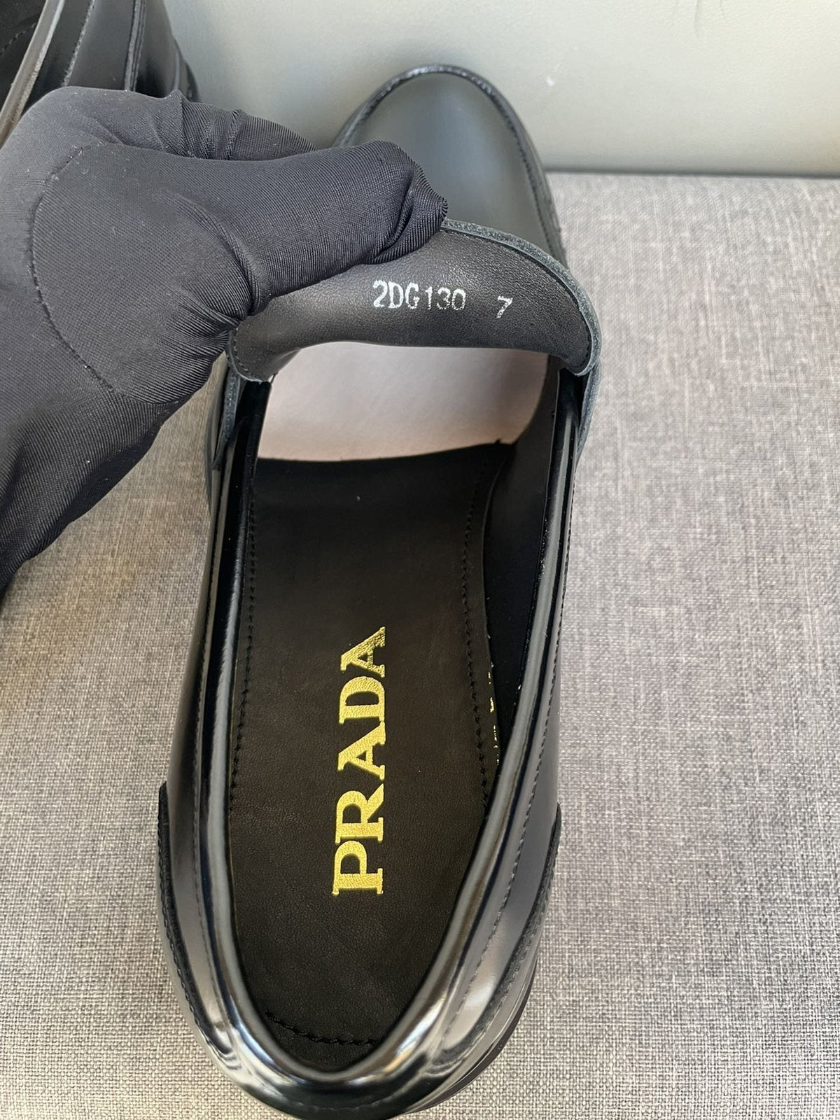 Prada Black Glossy Strap Loafers — label