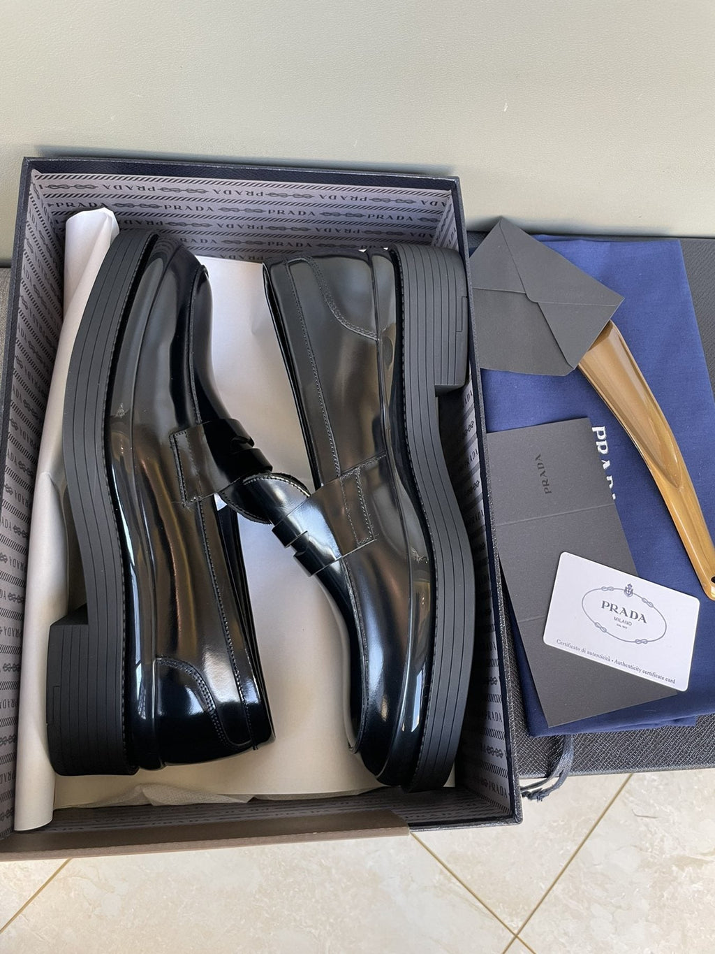 Prada Black Glossy Strap Loafers — front