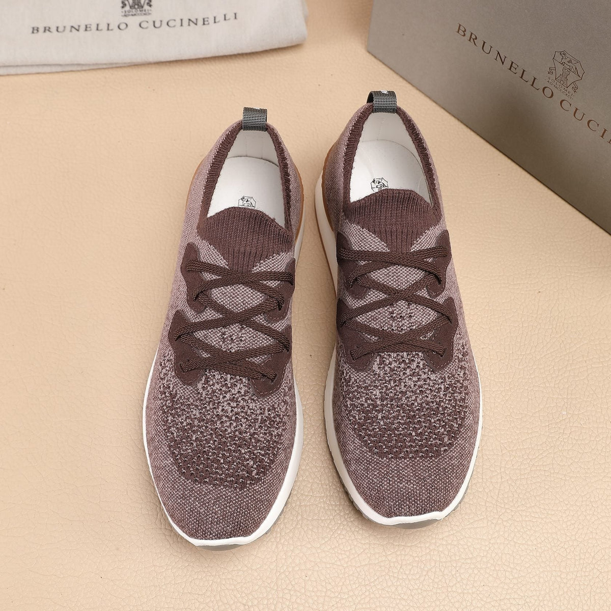 Brunello Cucinelli Taupe Brown Knit Sneakers — front