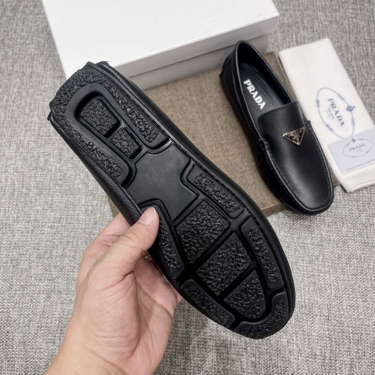 Prada Black Triangle Plaque Loafers — detail