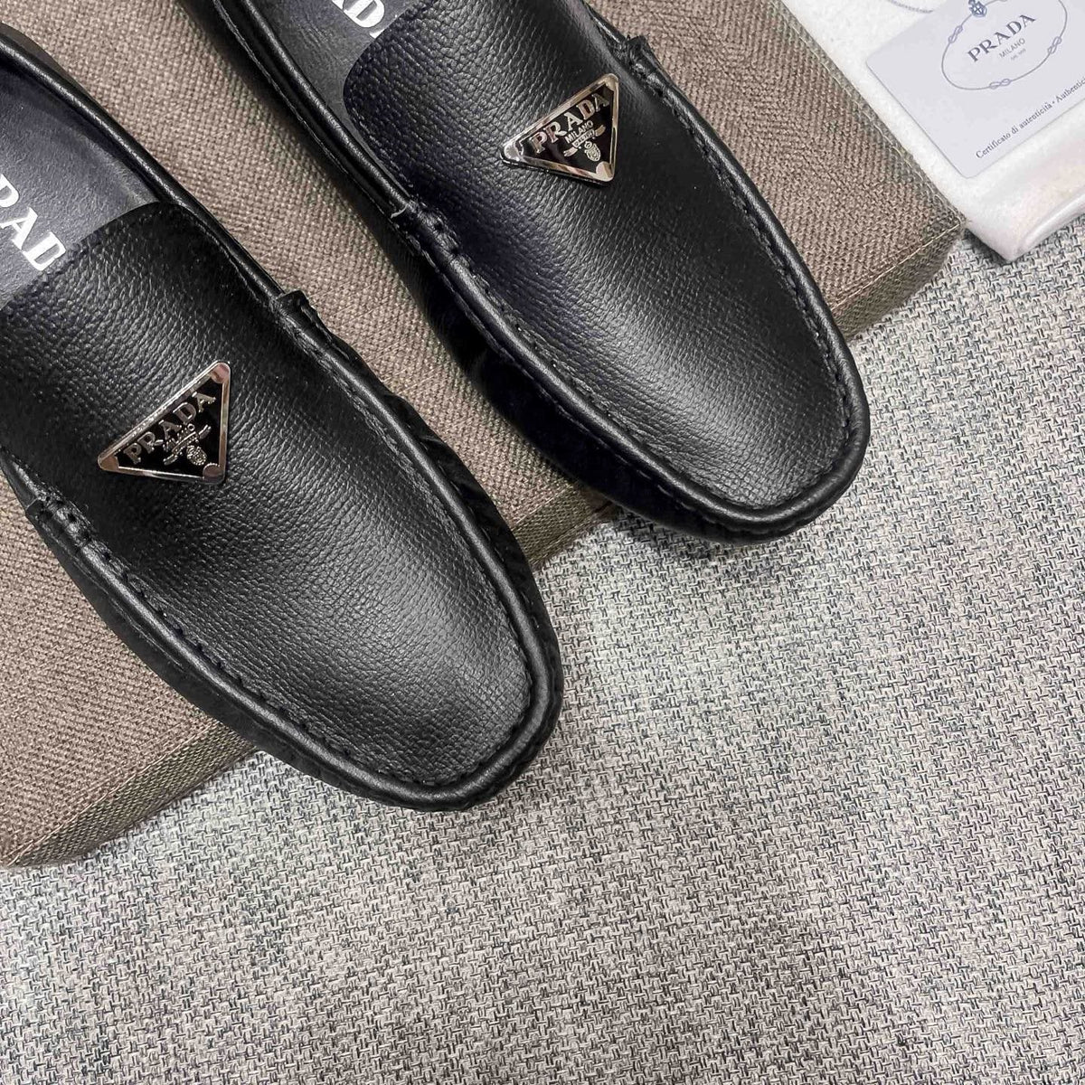Prada Black Triangle Plaque Loafers — detail