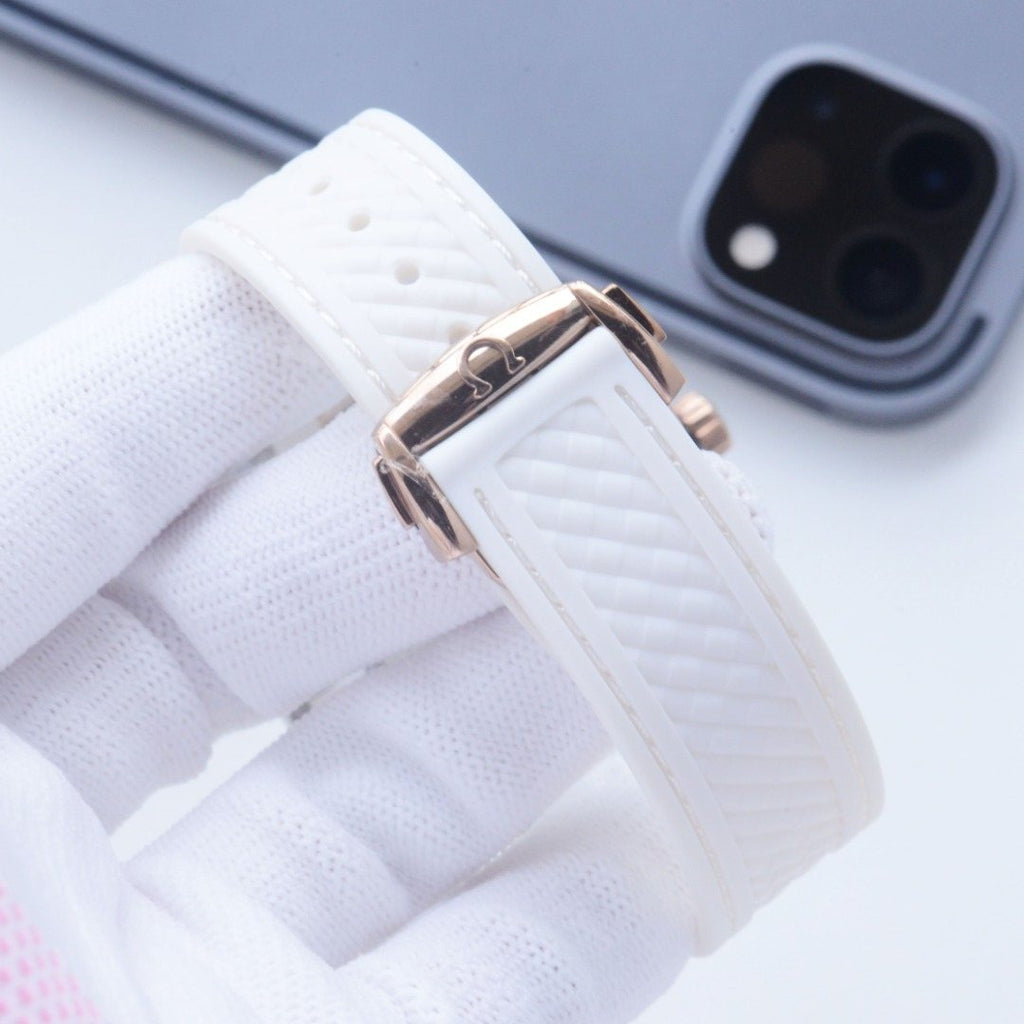 OMEGA Rose Gold White Dial Strap Watch — detail