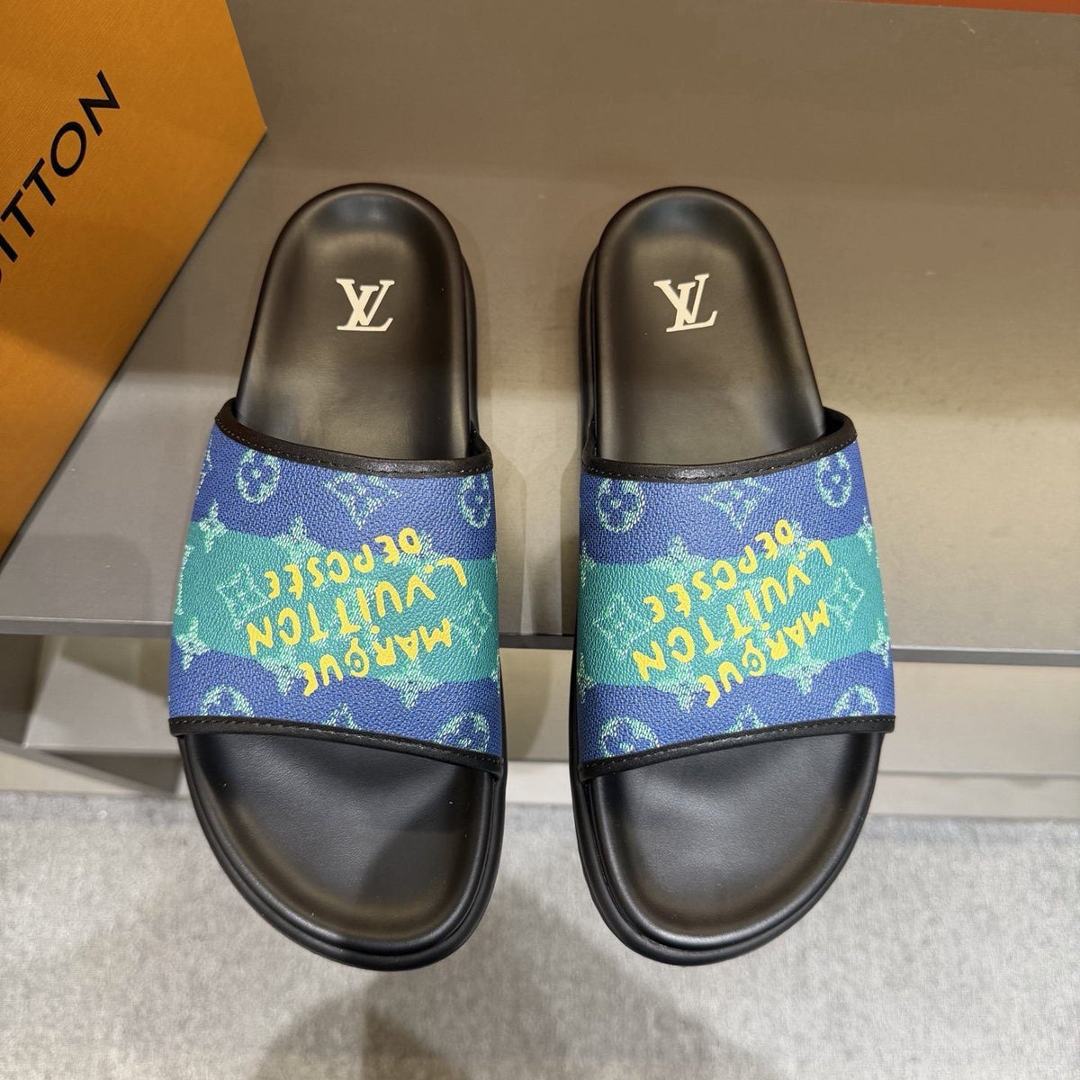 Louis Vuitton Blue Green Patterned Slide Sandals — hero
