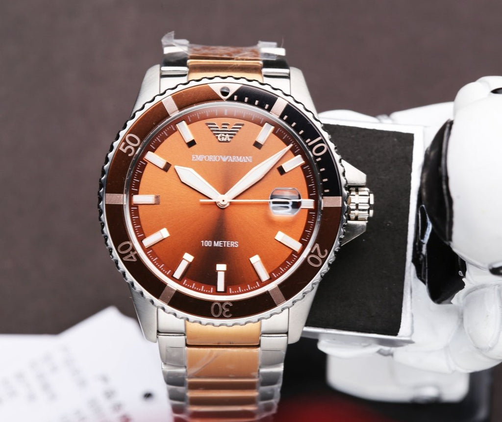 EMPORIO ARMANI Orange Dial Two-Tone Watch — front