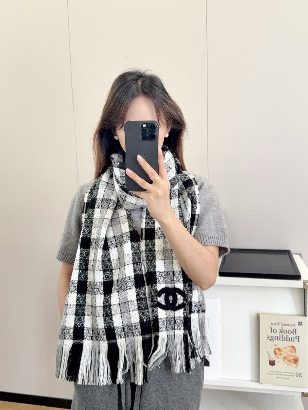 Chanel Black and White Plaid Fringed Scarf — model