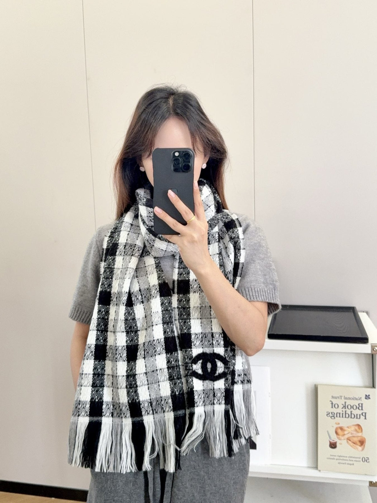 Chanel Black and White Plaid Fringed Scarf — model