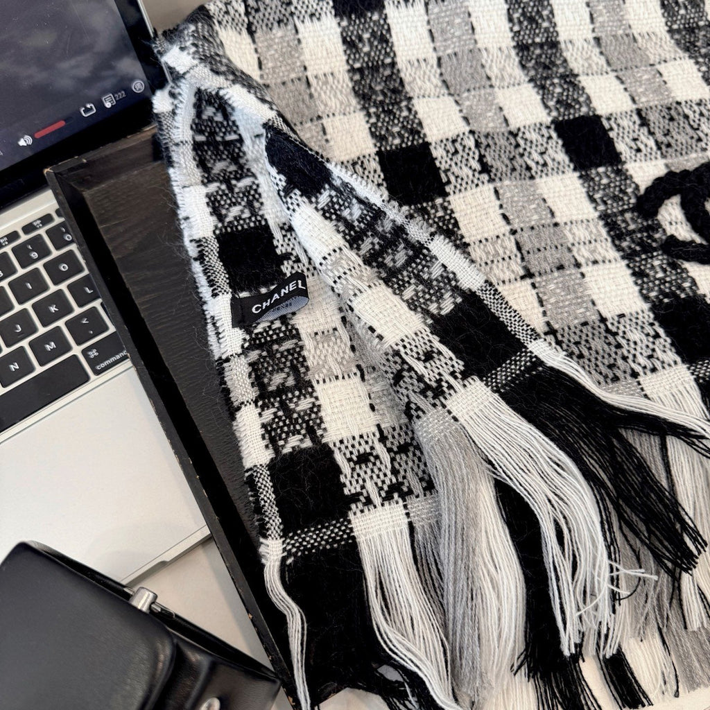 Chanel Black and White Plaid Fringed Scarf — detail