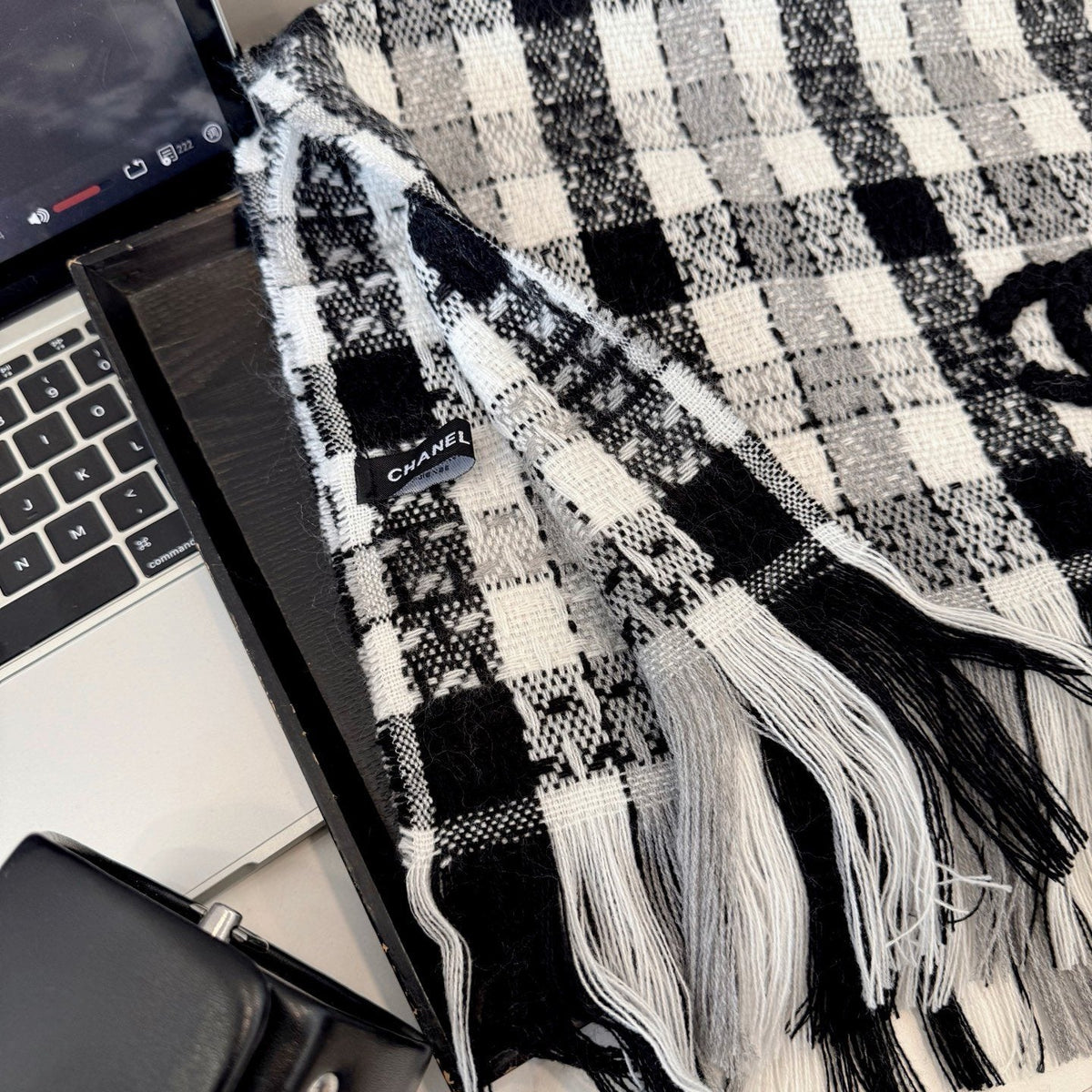 Chanel Black and White Plaid Fringed Scarf — detail