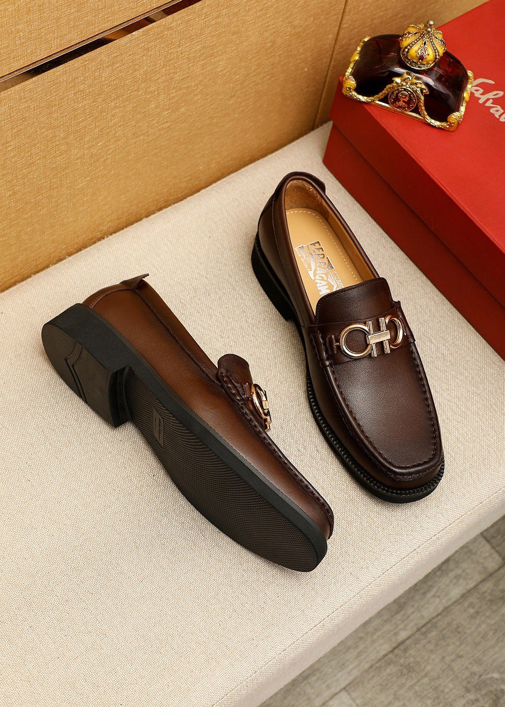 Ferragamo Dark Brown Metal-Bit Loafers — side