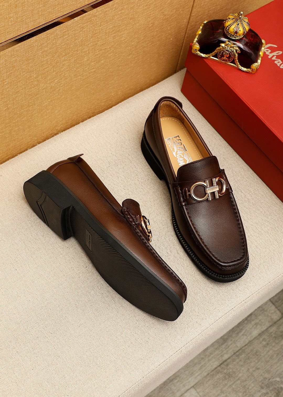 Ferragamo Dark Brown Metal-Bit Loafers — side