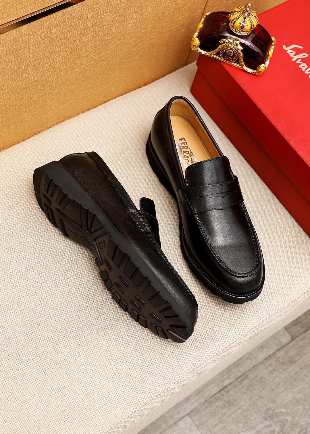 Ferragamo Black Strap Loafers — front