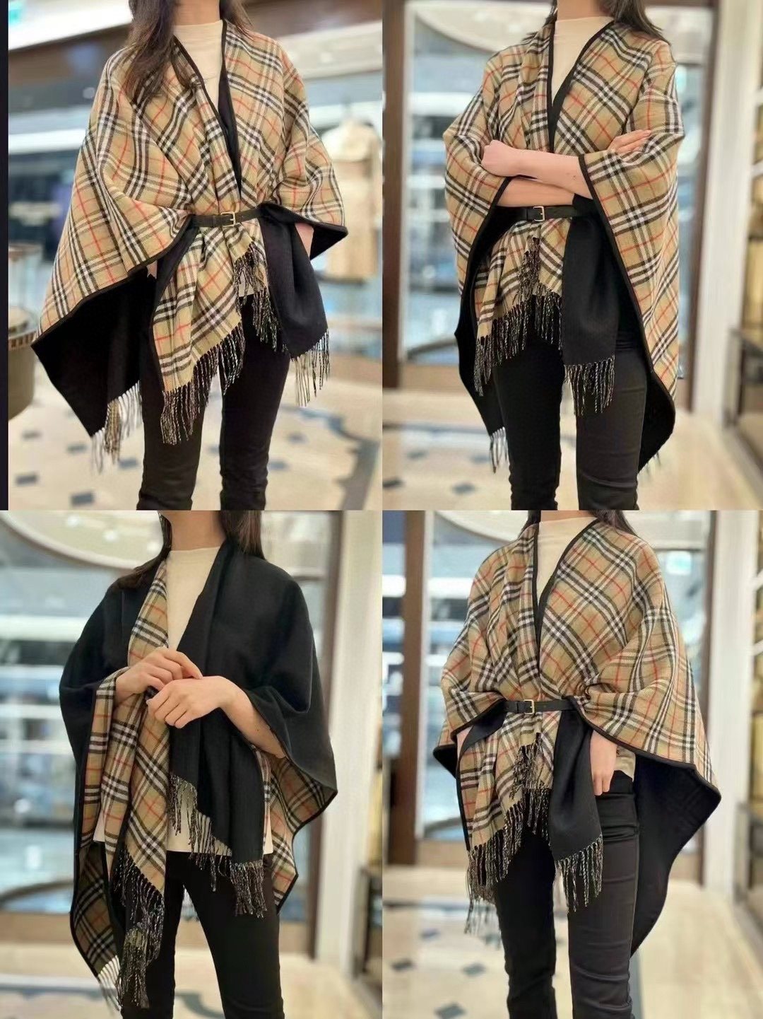 Burberry Reversible Plaid Fringe Cape Shawl — model