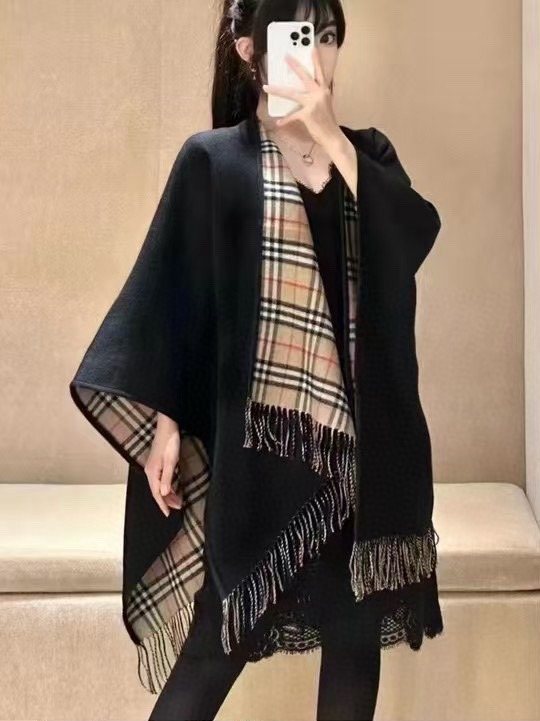 Burberry Reversible Plaid Fringed Poncho Wrap — front